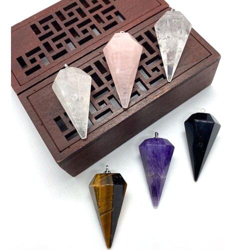 Natural Stone Faceted Conical Divination Pendant Tiger Eye Stone Amethyst Black Agate Necklace Accessories DIY Production40x17mm