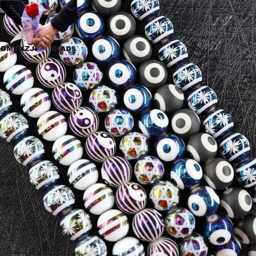 OMH Z33 10mm plating Carved Glass Beads Beaded Handmade Diy Accessories With Jewelry Semi-finished Buttons Round Loose Beads