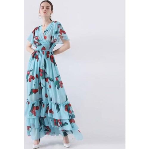 Italy Designer High Quality 2019 Summer Blue Flower Print Floor Length Maxi Dress Cake Style Big Sexy Party Vestidos