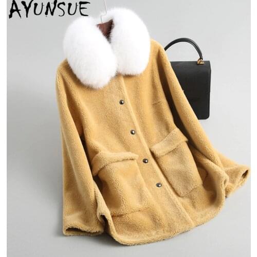 AYUNSUE Real Fur Coat Female Winter Jacket Women Real Fox Fur Collar Elegant Sheep Shearing Coats Blue Short Warm Overcoat 19020