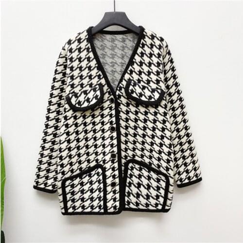 Small fragrance style mink velvet coat womens new loose ladies houndstooth knitted woolen coat
