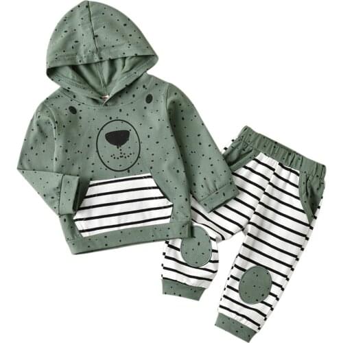 0-24M Newborn Baby Casual Clothes Set Stripe Dot Bear Hooded Pullover and Elastic Waist Stripe Long Pants 2Pcs Autumn Outfit