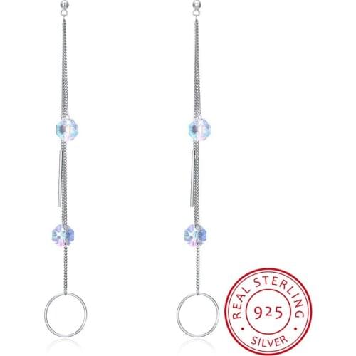 LEKANI Genuine Crystal Long Chain Tassel Drop Earrings S925 Sterling Silver Fine Jewelry For Women Party