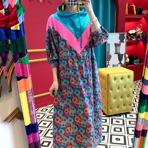 SHENGPALAE 2021 New Spring Womens Patchwork Floral Hooded Mid-calf Half Lantern Sleeve Vestidos Women Korean Dress Female FS652