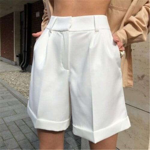 Summer Cuffs Summer Casual High Waist Shorts with Pockets Shorts Women Loose Zipper Knee Length Shorts Female Straight Shorts