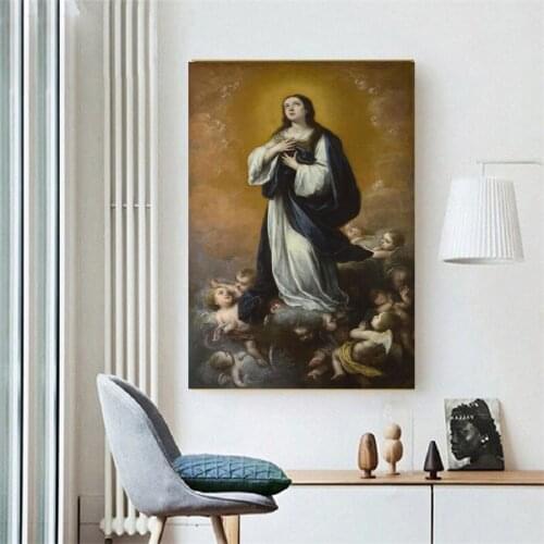 Vintage Hand Painted Spanish Bible Virgin Mary With Baby Figure Painting Portrait Canvas Painting Cleveland Museum of Art Wall