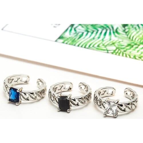 Vintage Black Blue Clear Quadrangular Zircon Double Chain Bands Fancy Silver Plated Rings For Women