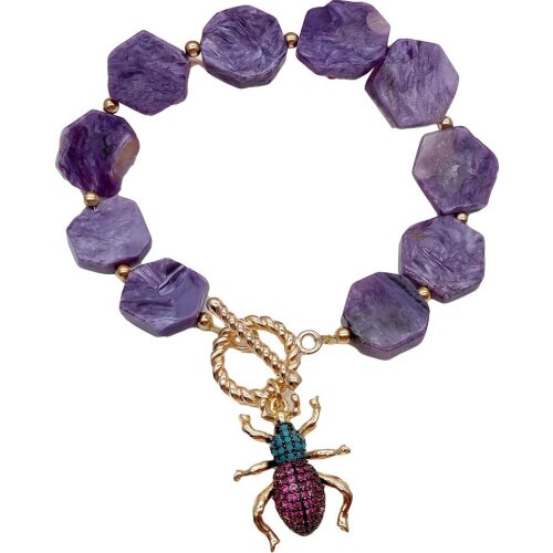 Y·YING Natural Hexangular Purple Charoite Bracelet Cubic Zirconia Pave Insect Charm 8"