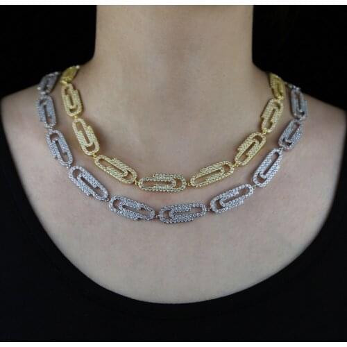 Safety pin charm link chain necklace Iced out 5A cz paved paper clip chain Ice women girl jewelry