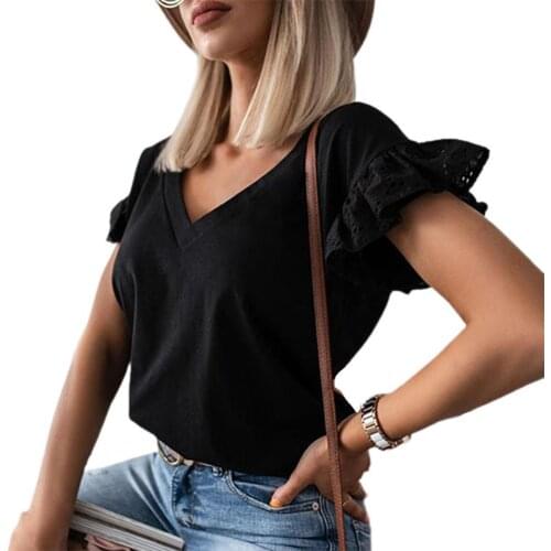 Summer Lace Patchwork Slim T-Shirt Solid Color V Neck Women Short Ruffle Sleeve Blouse Top Summer Ladies Elegant Casual Tops