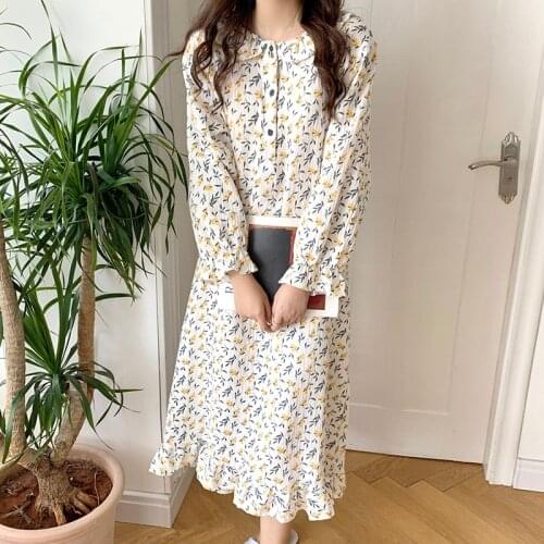 Autumn women nightgown sleepdress floral print 100% cotton loose long homewear dress ruffles soft gauze cotton long sleeve L320