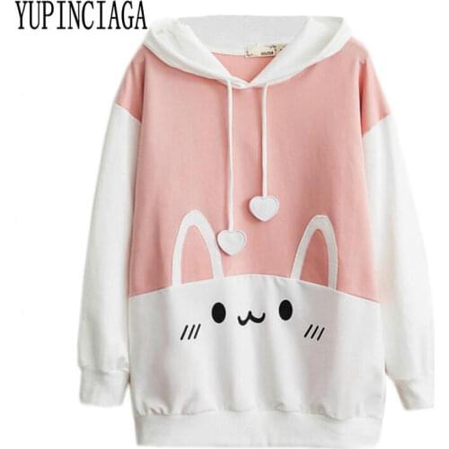YUPINCIAGA Womens Korean Style New Cartoon Rabbit Print Sweet Top Hoodie Girls Cotton Pullovers With Horns Female Harajuku