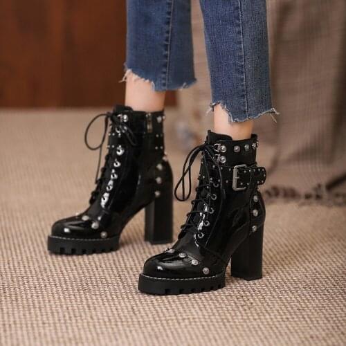 Womens Platform Ankle Boots Rivet Studed Lace Up Belt Buckle Shoes Punk Motorcyle Black Plus Size New 2022