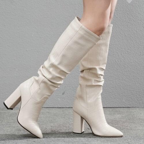 Lady New Knee Boots Fashion Stone Pattern PU Female Winter Pleated Slip On Loose Knight Boots Pointed Toe Thick Heel Women Shoes