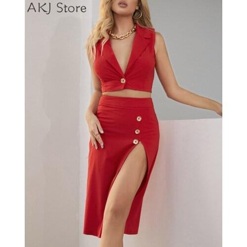 Women Two Piece Set Button Design Crop Top & High Slit Midi Skirt Set