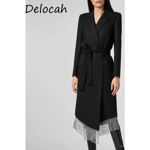Delocah Women Autumn Fashion Runway Blends Coat Bow Sashes Long Sleeve Tassel Black Printed Ladies Bodycon Coats Outerwear 2021
