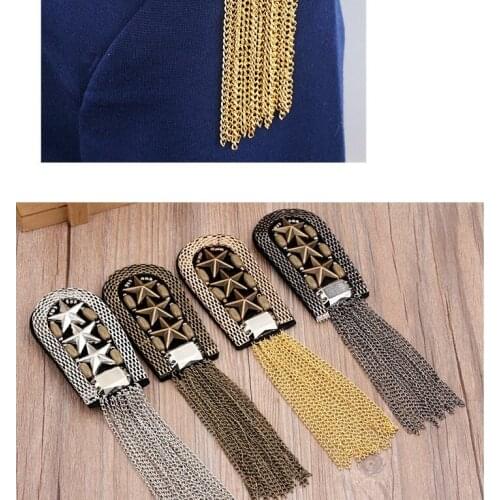2 Pieces Vintage Five Star Tassel Chain Shoulder Board Badges Beads Fabric Metal Epaulet Epaulette Military Pin on Brooch Medal