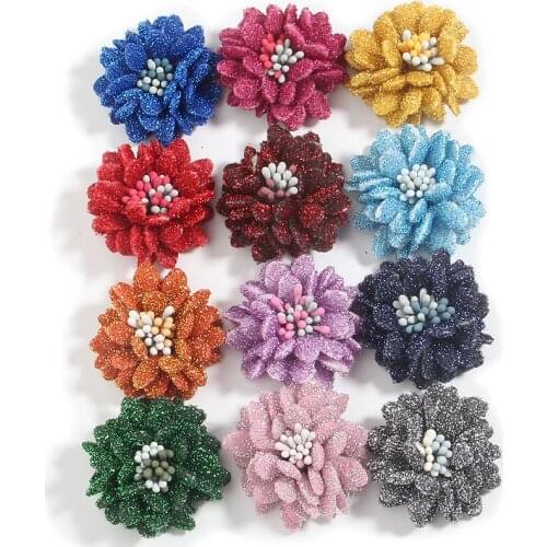 60Pcs 1.4" Hair Flower Glitter Hair Accessories for Baby Girls Headbands Fabric Flowers Boutique For DIY Supplies
