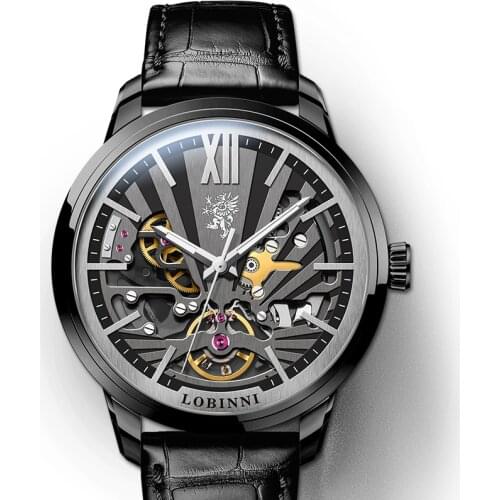 LOBINNI automatic mechanical watches mens,luxury men wrist watch mens wristwatches 50m waterproof skeleton Switzerland clock
