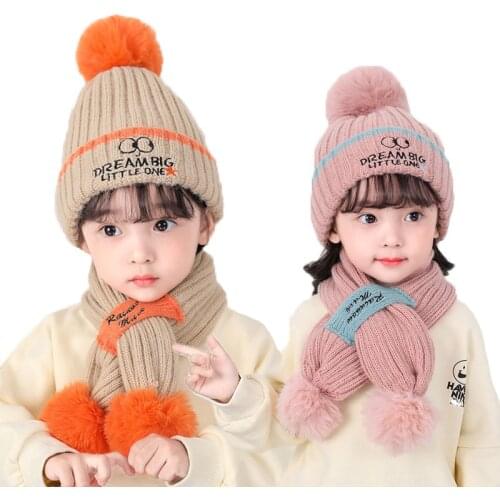 Kids Scarf Hats Two-piece Suit Winter Fur Pompoms Knitted Beanies For Boys Girls Warm With Plush Cap Boys and Girls Scarf Knitte