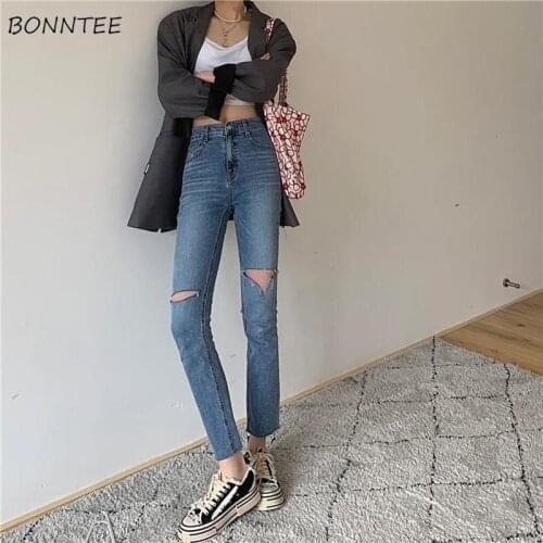 Jeans Women Blue Skinny Vintage High Street Ankle-length Ripped Hot Sale New Fashion Leisure Slim College Summer All-match Mujer