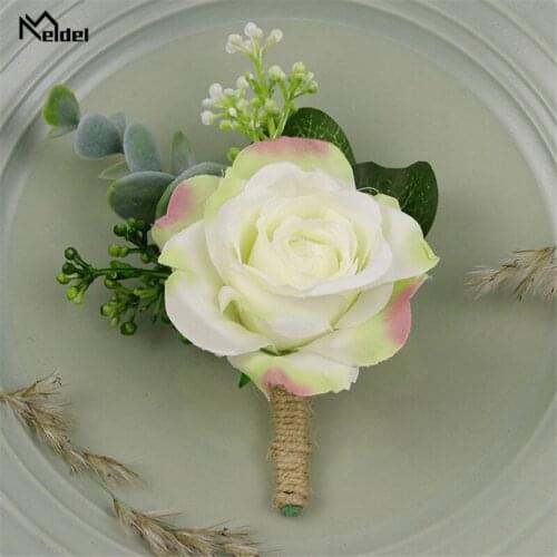 Meldel Bride Wrist Corsage Men Wedding Boutonniere Quality Silk Rose Flower Girl Bracelet White Pink Boutonniere Wedding Corsage