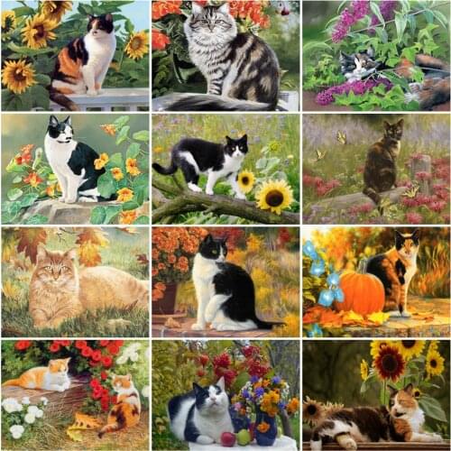 HUACAN DIY Frame Picture By Numbers Cat HandPainted Wall Art Painting By Number Sunflower Flower Childrens Room Decor