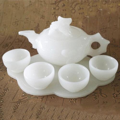 Natural White Jade Tea Set Afghan Teapot Tea Cup Living Room Craft Gift Decoration