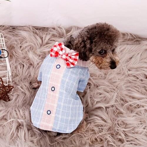 Pet Dog Clothes British Style Plaid Shirt With Bow Tie T-Shirt All Seasons Pet Gentleman Grid Apparel Soft Casual Cat Clothes