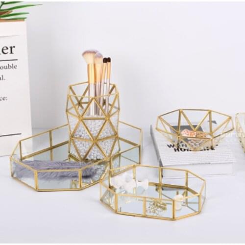 Nordic Makeup Organizer Basket Golden Polygon Jewelry Sundries Storage Tray Brush Storage Dressing Table Cosmetic Organizer Box