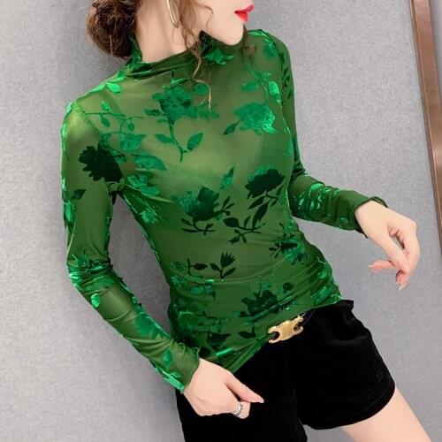 Autumn Fashion Lady Sexy Transparent Mesh Pullovers Women Bodycone Mesh T Shirts Femme Velour T Shirt Tops B32