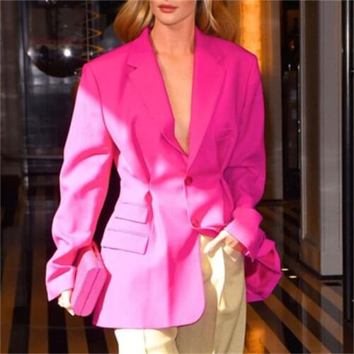 Casual rose Red Blazer female Coat Summer New fashio solid color black Pleated Receive waist slim suit women Blazer women jacket