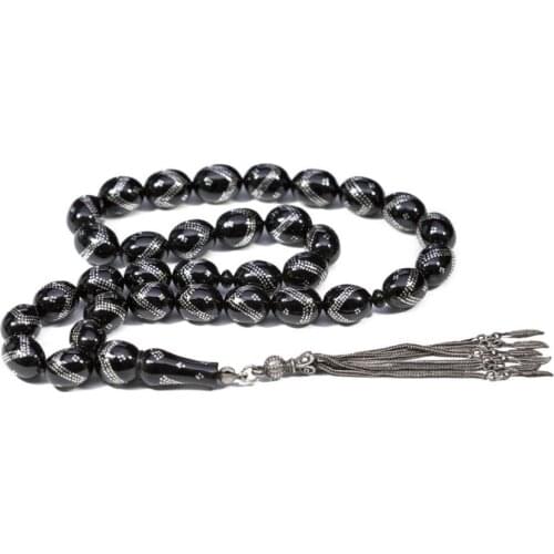 Silver Natural Jet Stone Prayer Bead With Silver Tassel Men Rosary Islamic Tasbih With Leaf Model Tassel 925 Sterling Silver