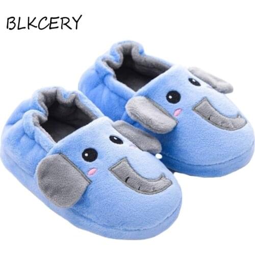 New Toddler Boy Slippers Cartoon Elephant Plush Warm Shoe Little Kids Loafers Winter House Shoes Soft Rubber Sole Home Footwear