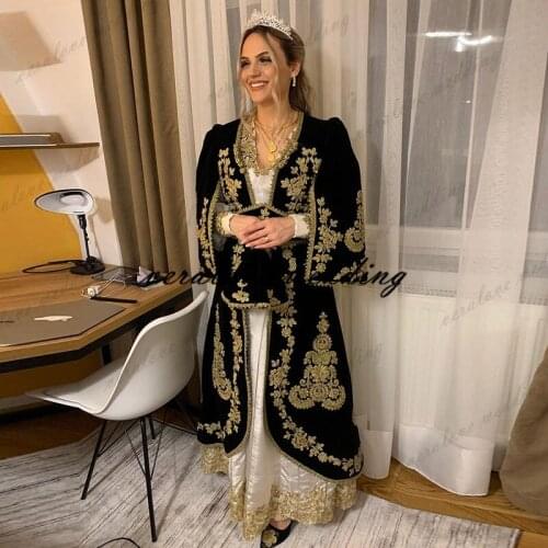 Traditional Kosovo vestidos formales Arabic Velvet Evening Dresses Flared Sleeves Applique Prom Party Dress robe de soirée