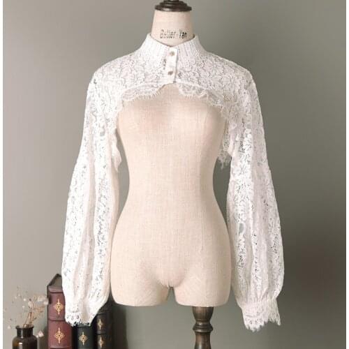 Lace Embroidery Puff Long Sleeve Half Top for Women Blouse Ruffled Fake Collar Female Detachable False Collar Sweater Decor