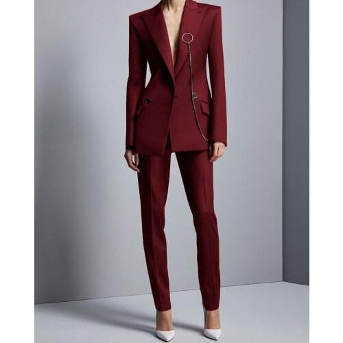 Retro Burgundy Women Suits Elegant Custom Made Peaked Lapel Blazer Office Lady Party Prom Jacket 2 Pieces Set