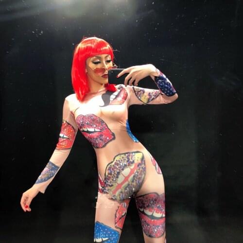 Women Costume Singer Birthday Dance Wear Ladys Kiss Lips Nightclub Sexy Stage Bodysuit Coloful 3D Printing Outfit Stage Dance