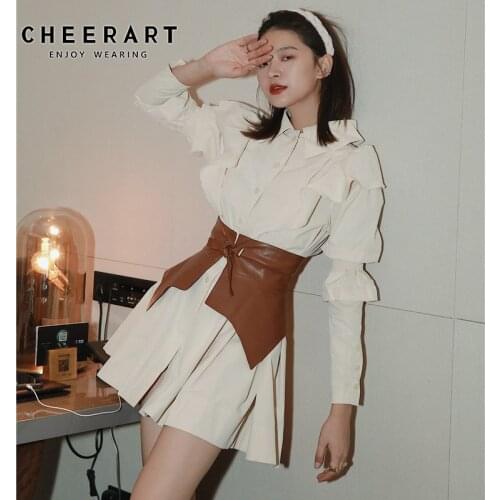 CHEERART Autumn 2020 Ruffle Long Sleeve Shirt Dress Women Beige Button Up Collar Mini Dress Tunic Puff Sleeve Fashion Dress