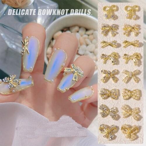 10PCS, Nail Art Beautiful Diamond Pearls Jewelry Bow Knots With Gold Alloy For Nail Tips Decorations