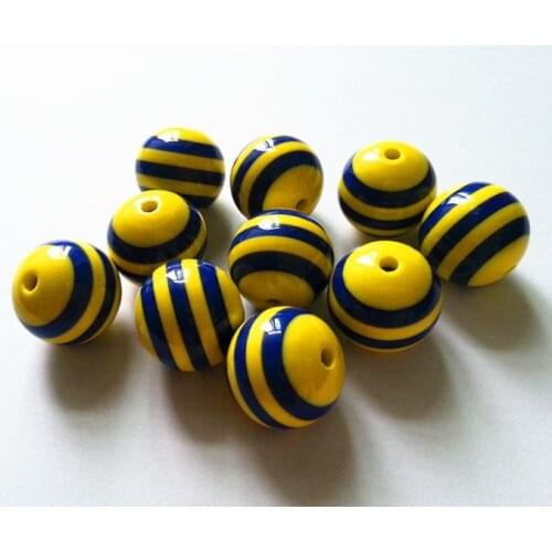 100pcs/lot 20mm yellow with royal blue color chunky resin striped beads for chunky necklace making