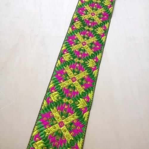50mm 5cm 2' Pink Yellow Green Fine Grid Gold Filigree Costume Curtain Laciness National Jacquard Ribbon Embroidery Woven Webbing