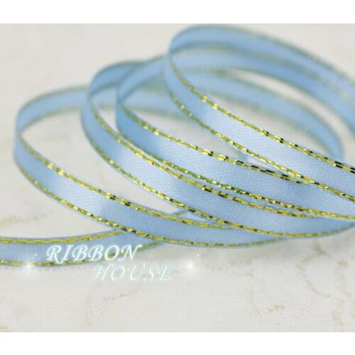 25 yards/roll)1/4'' (6mm) Sky Blue Gold Edge Ribbon Grosgrain satin ribbons high quality gift packaging ribbons