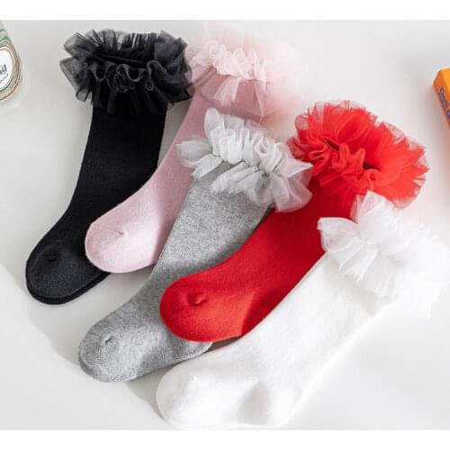 Baby Girls Lace Ruffle Socks Toddlers Children Princess Socks Soft Cotton Puffy Mesh Flower Red White Tube Kids Sock Calcetines
