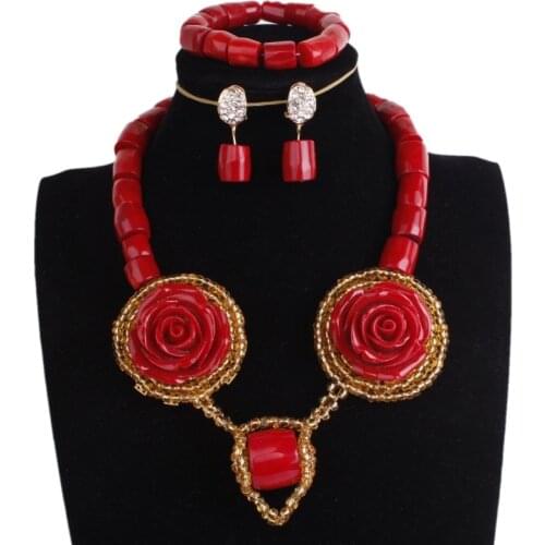Dudo 18 Inches Newest Womens African Wedding Jewelry Set Red Nature Coral Beads and Flowers With Gold Beaded Design For Nigeria