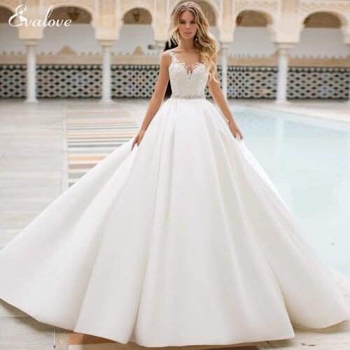 EVALOVE Elegant Scoop Neck Backless Matte Satin A-Line Wedding Dress Luxury Appliques Sashes Beading Custom Princess Bridal Gown