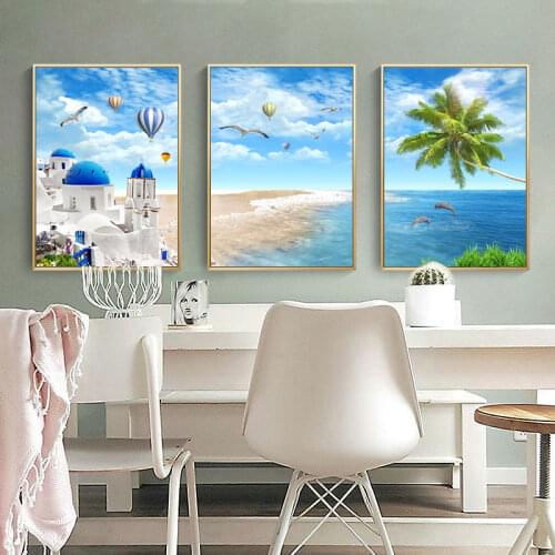 European City Tropical Landscape Poster Nordic Canvas Painting Wall Art Print Blue Balloon Beach Scenery Picture Home Decoration
