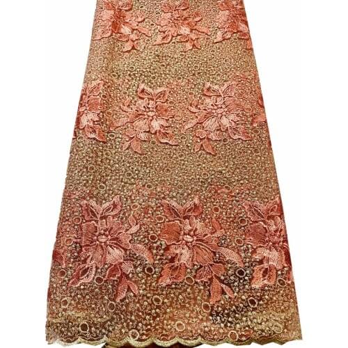 Hot Sale Nigerian Lace Fabrics Latest Stones Mesh African Lace Fabric Lace French Net Fabric Wedding Dress ELL3159 Peach