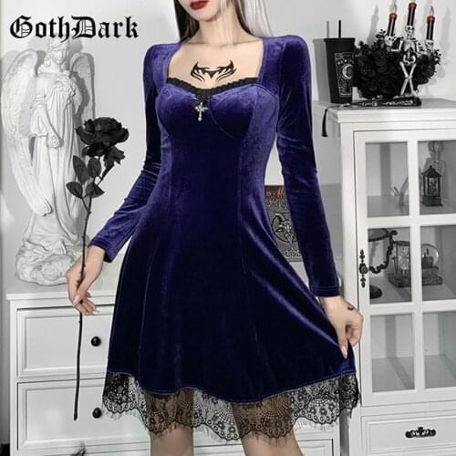 Goth Dark Vintage Gothic Velour Autumn Dresses For Women Alt Clothes Grunge Long Sleeve Bodycon Partywear Lace Trim A-Line Dress