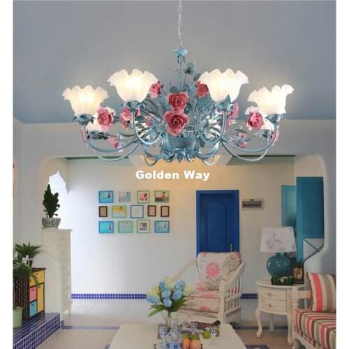 Art Floral Chandelier lamp Lustre Light D90cm H55cm 8L Ceramic Rose Pendant Chandelier Light Fixture E14 LED AC Home Decoration